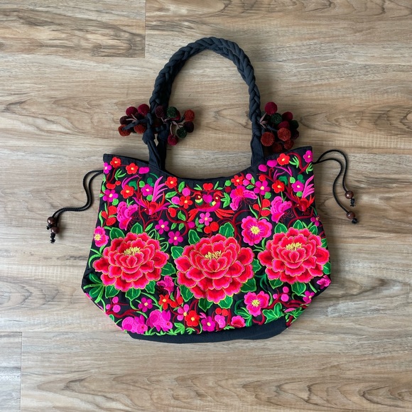 Colorful Pink and Black Floral Embroidered Purse - Made in India - Picture 8 of 17